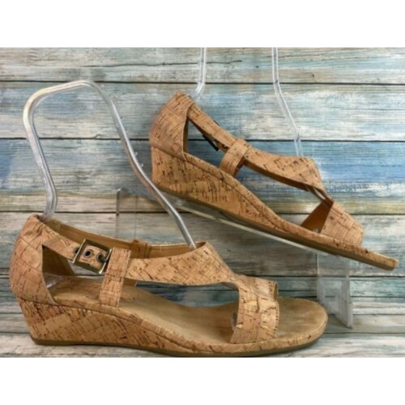Aerosoles A2 Women Shoes sandals Cork Wedge Size 8.5 Open toe strappy Buckle tan - Picture 1 of 14